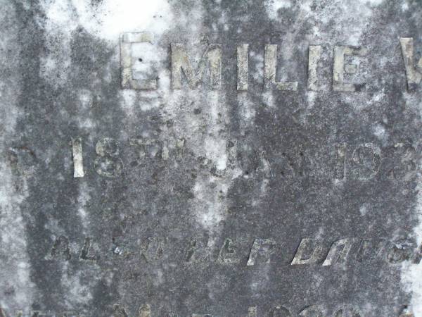 Emilie W. CLAY  | died 18 Jan 1933 aged 58 years;  | Ina,  | daughter,  | died March 1930 aged 23 years;  | Lawnton cemetery, Pine Rivers Shire  | 