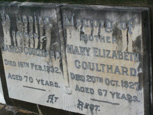 James COULTHARD,  | father,  | died 16 Feb 1932 aged 70 years;  | Mary Elizabeth COULTHARD,  | mother,  | died 20 Oct 1927 aged 67 years;  | Lawnton cemetery, Pine Rivers Shire  | 