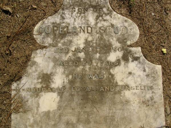 Leslie,  | son of Copeland SPODE,  | died 7 Jan 1901 aged 29 years;  | Lawnton cemetery, Pine Rivers Shire  | 