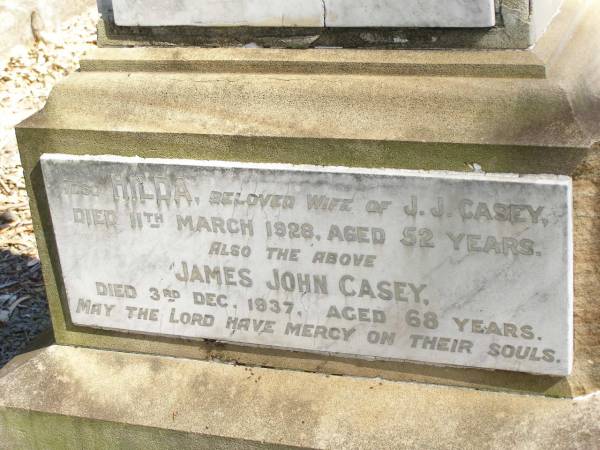 John CASEY,  | died 7 March 1894 aged 56 years;  | Margaret,  | wife,  | died 31 March 1897 aged 60 years;  | Phil ROACH,  | grandson,  | drowned 26 June 1893 aged 2 years;  | parents;  | Thomas Francis CASEY,  | died 28 July 1918 aged 48 years;  | Elizabeth CASEY,  | died 2 Oct 1942 aged 71 years;  | Hilda, wife of J.J. CASEY,  | died 11 March 1928 aged 52 years;  | James John CASEY,  | died 3 Dec 1937 aged 68 years;  | Ann CLARKE,  | mother,  | died 21 April 1888 aged 48 years;  | Eileen,  | daughter of J.V. & J. CASEY,  | died 11 Aug 1929 aged 7 years;  | Jane,  | wife of Philip RYAN,  | died 17 April 1932 aged 58 years;  | Lawnton cemetery, Pine Rivers Shire  | 