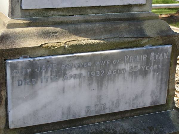 John CASEY,  | died 7 March 1894 aged 56 years;  | Margaret,  | wife,  | died 31 March 1897 aged 60 years;  | Phil ROACH,  | grandson,  | drowned 26 June 1893 aged 2 years;  | parents;  | Thomas Francis CASEY,  | died 28 July 1918 aged 48 years;  | Elizabeth CASEY,  | died 2 Oct 1942 aged 71 years;  | Hilda, wife of J.J. CASEY,  | died 11 March 1928 aged 52 years;  | James John CASEY,  | died 3 Dec 1937 aged 68 years;  | Ann CLARKE,  | mother,  | died 21 April 1888 aged 48 years;  | Eileen,  | daughter of J.V. & J. CASEY,  | died 11 Aug 1929 aged 7 years;  | Jane,  | wife of Philip RYAN,  | died 17 April 1932 aged 58 years;  | Lawnton cemetery, Pine Rivers Shire  | 