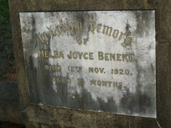 Melba Joyce BENEKE,  | died 12 Nov 1920 aged 15 months;  | Lawnton cemetery, Pine Rivers Shire  | 