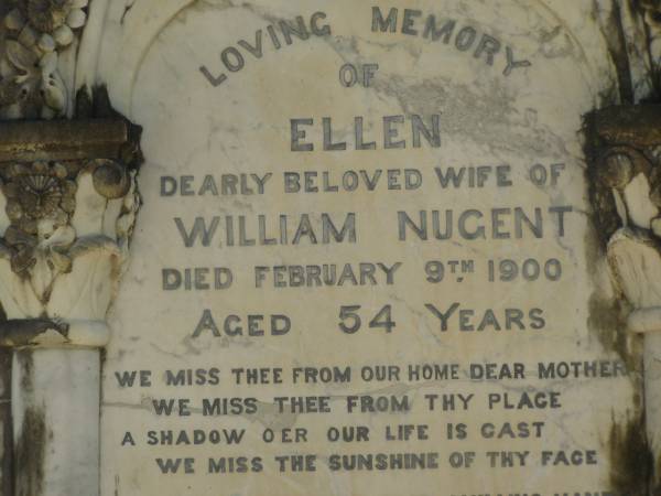 Ellen,  | wife of William NUGENT,  | mother,  | died 9 Feb 1900 aged 54 years;  | William NUGENT,  | died 16 Feb 1917 aged 70 years;  | Elizabeth Ann PAGE,  | mother,  | died 19 June 1943;  | William Frederick PAGE,  | father,  | died 25 April 1943;  | Lawnton cemetery, Pine Rivers Shire  | 