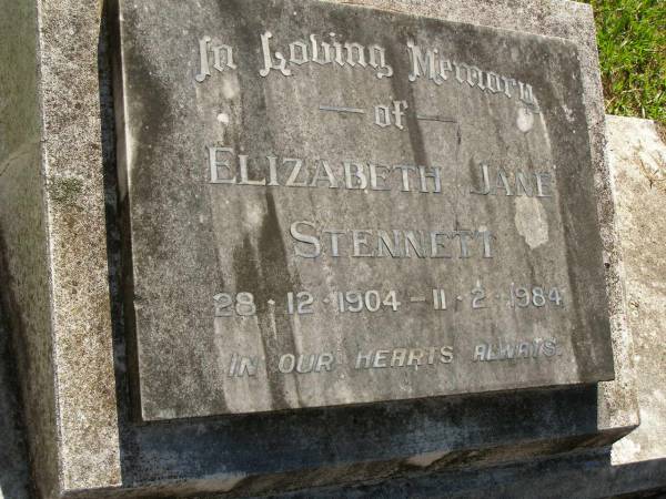 Elizabeth Jane STENNETT,  | 28-12-1904 - 11-2-1984;  | Lawnton cemetery, Pine Rivers Shire  | 