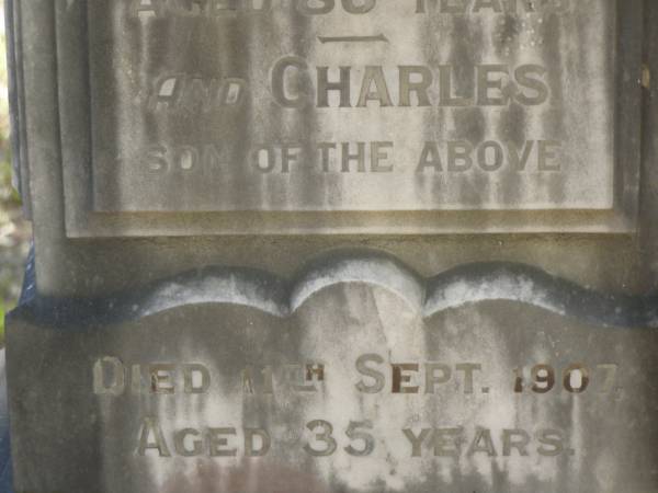 George BUCKBY,  | died 21 Jan 1886 aged 56 years;  | Eliza,  | wife,  | died 15 Jan 1927 aged 80 years;  | Charles,  | son,  | died 11 Sept 1907 aged 35 years;  | Lawnton cemetery, Pine Rivers Shire  | 