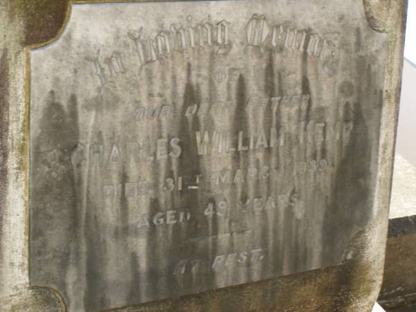 Charles William KEMP,  | father,  | died 31 March 1939 aged 49 years;  | Lawnton cemetery, Pine Rivers Shire  | 