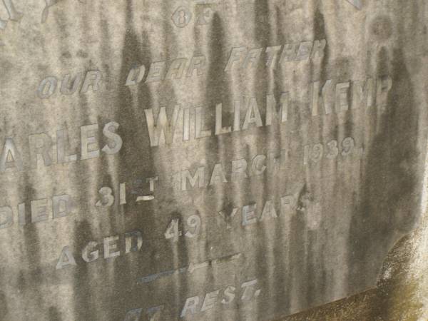 Charles William KEMP,  | father,  | died 31 March 1939 aged 49 years;  | Lawnton cemetery, Pine Rivers Shire  | 