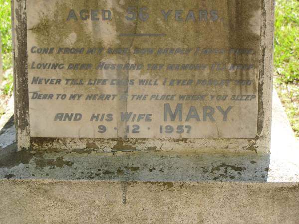 James,  | husband of Mary AUSTIN,  | died 24 April 1917 aged 56 years;  | Mary,  | wife,  | died 9-12-1957;  | Lawnton cemetery, Pine Rivers Shire  | 