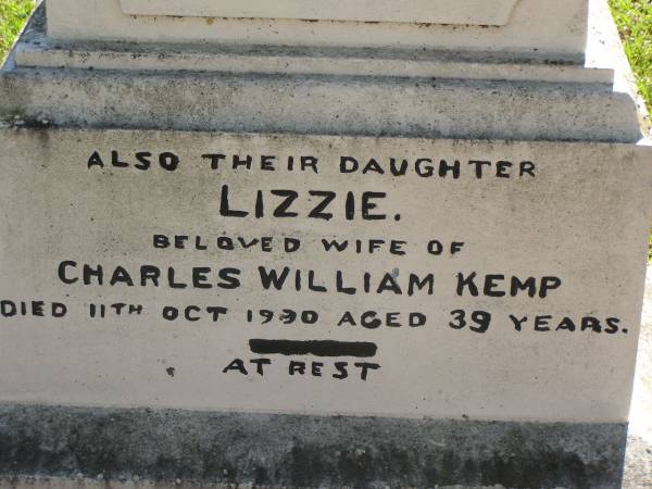 Grace LEIS,  | wife of Carl LEIS,  | died 20 May 1910 aged 48 years;  | Carl LEIS,  | died 20 June 1926 aged 87 years;  | Lizzie,  | daughter,  | wife of Charles William KEMP,  | died 11 Oct 1930 aged 39 years;  | Lawnton cemetery, Pine Rivers Shire  | 