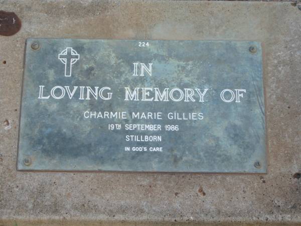 Charmie Marie GILLIES,  | stillborn 19 Sept 1986;  | Lawnton cemetery, Pine Rivers Shire  | 