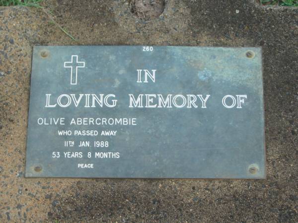 Olive ABERCROMBIE,  | died 11 Jan 1988 aged 53 years 8 months;  | Lawnton cemetery, Pine Rivers Shire  | 