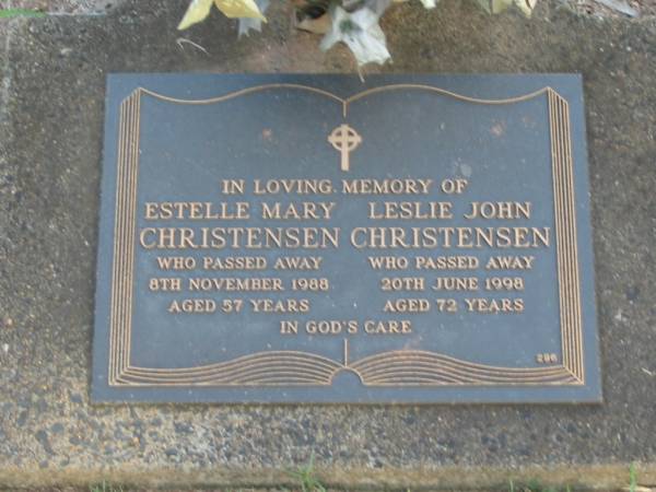 Estelle Mary CHRISTENSEN,  | died 8 Nov 1988 aged 57 years;  | Leslie John CHRISTENSEN,  | died 20 June 1998 aged 72 years;  | Lawnton cemetery, Pine Rivers Shire  | 