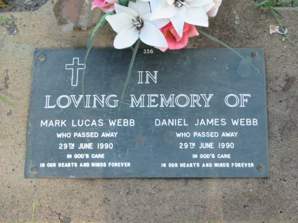 Mark Lucas WEBB,  | died 29 June 1990;  | Daniel James WEBB,  | died 29 June 1990;  | Lawnton cemetery, Pine Rivers Shire  | 