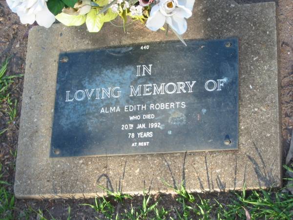 Alma Edith ROBERTS,  | died 20 Jan 1992 aged 78 years;  | Lawnton cemetery, Pine Rivers Shire  | 