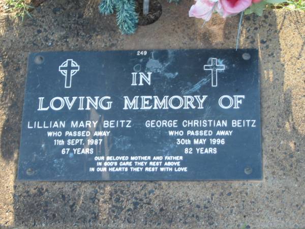 Lillian Mary BEITZ,  | died 11 Sept 1987 aged 67 years,  | mother;  | George Christian BEITZ,  | died 30 May 1996 aged 82 years,  | father;  | Lawnton cemetery, Pine Rivers Shire  | 