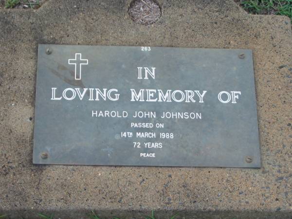 Harold John JOHNSON,  | died 14 March 1988 aged 72 years;  | Lawnton cemetery, Pine Rivers Shire  | 