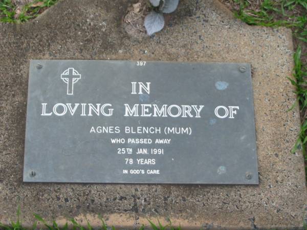 Agnes BLENCH,  | mum,  | died 25 Jan 1991 aged 78 years;  | Lawnton cemetery, Pine Rivers Shire  | 