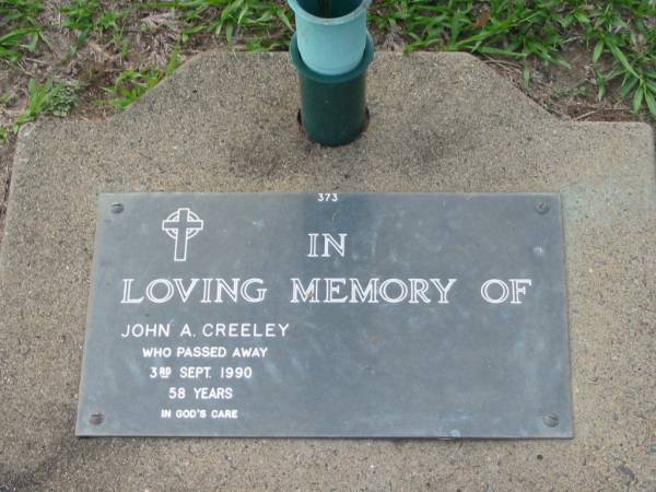 John A. CREELEY,  | died 3 Sept 1990 aged 58 years;  | Lawnton cemetery, Pine Rivers Shire  | 