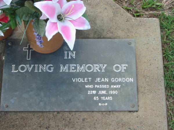 Violet Jean GORDON,  | died 22 June 1990 aged 65 years;  | Lawnton cemetery, Pine Rivers Shire  | 