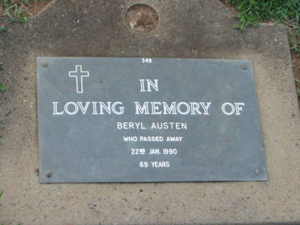 Beryl AUSTEN,  | died 22 Jan 1990 aged 69 years;  | Lawnton cemetery, Pine Rivers Shire  | 