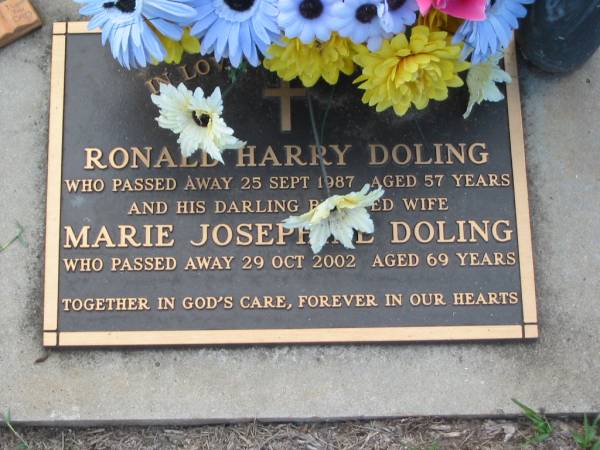 Ronald Harry DOLING,  | died 25 Sept 1987 aged 57 years;  | Marie Joseph DOLING,  | wife,  | died 29 Oct 2002 aged 69 years;  | Lawnton cemetery, Pine Rivers Shire  | 