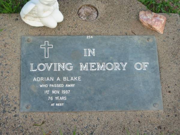 Adrian A. BLAKE,  | died 1 Nov 1987 aged 76 years;  | Lawnton cemetery, Pine Rivers Shire  | 