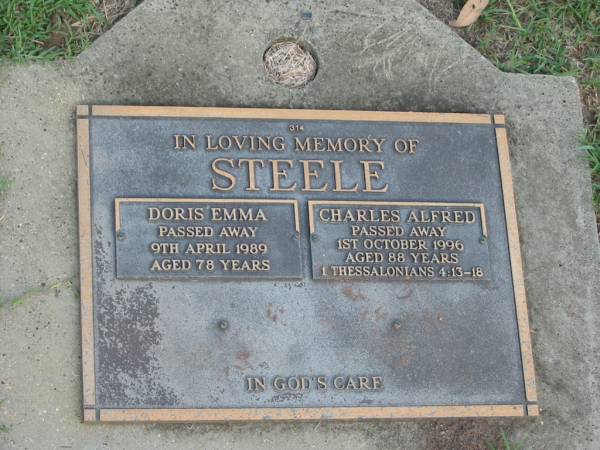 Doris Emma STEELE,  | died 9 April 1989 aged 78 years;  | Charles Alfred STEELE,  | died 1 Oct 1996 aged 88 years;  | Lawnton cemetery, Pine Rivers Shire  | 