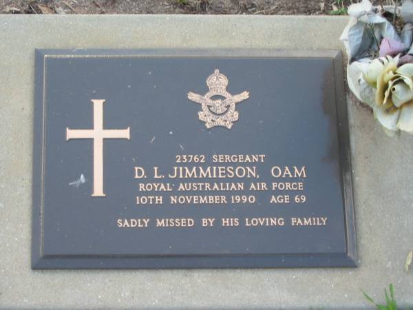 D.L. JIMMIESON,  | died 10 Nov 1990 aged 69 years;  | Lawnton cemetery, Pine Rivers Shire  | 