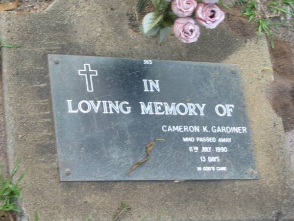 Cameron K. GARDINER,  | died 11 July 1990 aged 13 days;  | Lawnton cemetery, Pine Rivers Shire  | 