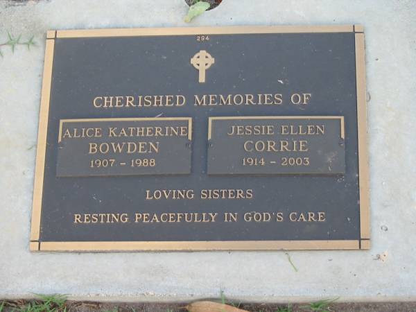 Alice Katherine BOWDEN,  | 1907 - 1988;  | Jessie Ellen CORRIE,  | 1914 - 2003;  | sisters;  | Lawnton cemetery, Pine Rivers Shire  | 