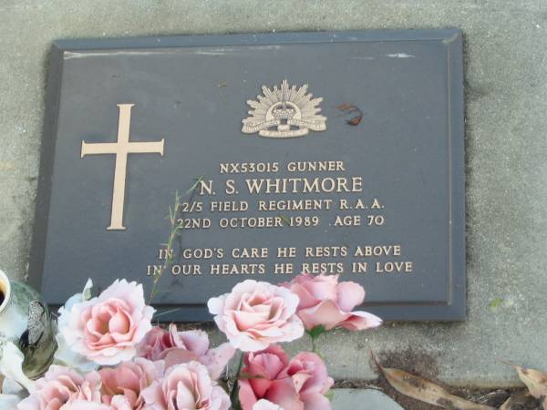 N.S. WHITMORE,  | died 22 Oct 1989 aged 70 years;  | Mary Elizabeth WHITMORE,  | mother grandmother,  | died 25 May 2005 aged 86 years;  | Lawnton cemetery, Pine Rivers Shire  | 