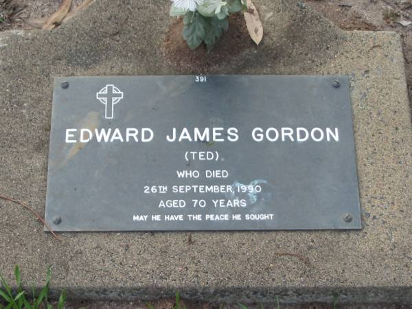 Edward James (Ted) GORDON,  | died 26 Sept 1990 aged 70 years;  | Lawnton cemetery, Pine Rivers Shire  | 