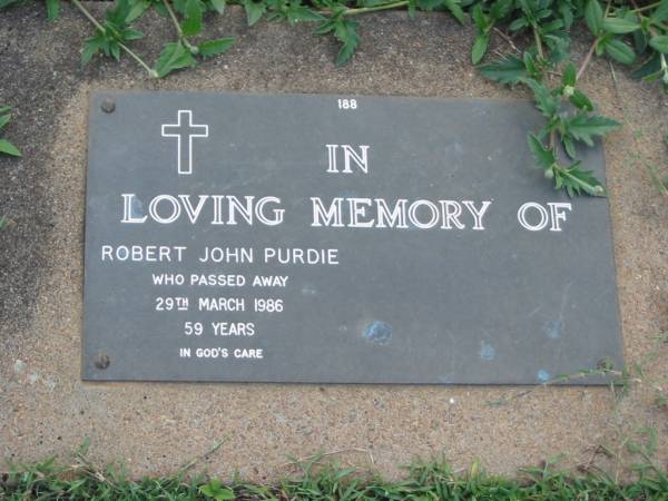 Robert John PURDIE,  | died 29 March 1986 aged 59 years;  | Lawnton cemetery, Pine Rivers Shire  | 