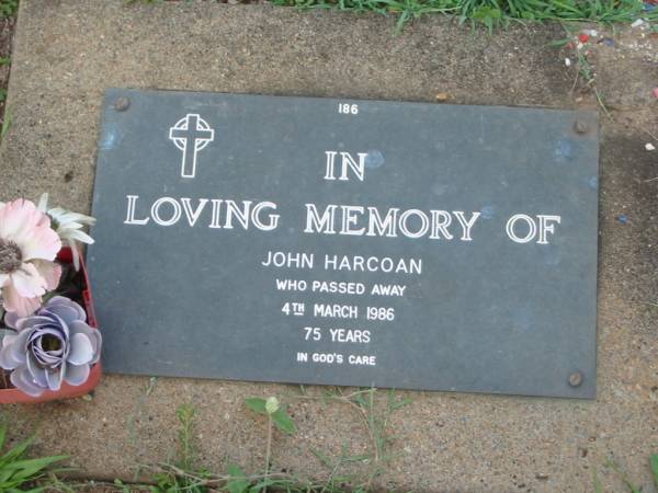 John HARCOAN,  | died 4 March 1986 aged 75 years;  | Lawnton cemetery, Pine Rivers Shire  | 