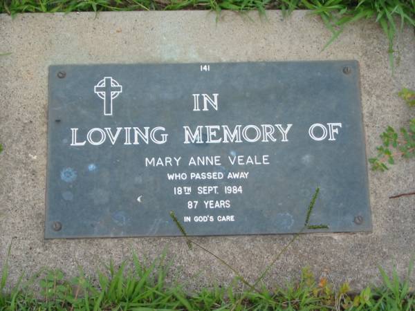 Mary Anne VEALE,  | died 18 Sept 1984 aged 87 years;  | Lawnton cemetery, Pine Rivers Shire  | 