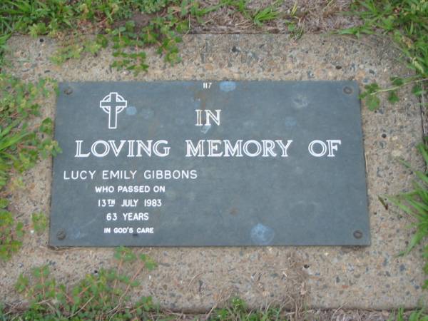 Lucy Emily GIBBONS,  | died 13 July 1983 aged 63 years;  | Lawnton cemetery, Pine Rivers Shire  | 