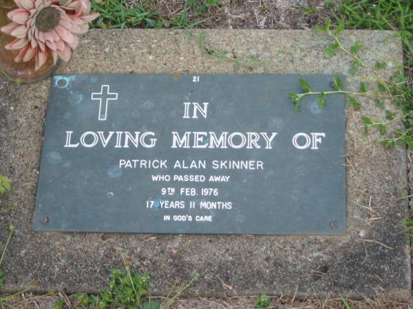 Patrick Alan SKINNER,  | died 9 Feb 1976 aged 17 years 11 months;  | Lawnton cemetery, Pine Rivers Shire  | 