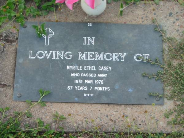 Myrtle Ethel CASEY,  | died 19 Mar 1976 aged 67 years 7 months;  | Lawnton cemetery, Pine Rivers Shire  | 