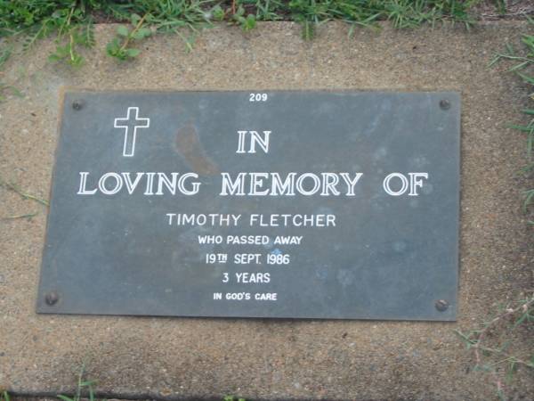 Timothy FLETCHER,  | died 19 Sept 1986 aged 3 years;  | Lawnton cemetery, Pine Rivers Shire  | 