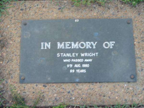 Stanley WRIGHT,  | died 9 Aug 1980 aged 89 years;  | Lawnton cemetery, Pine Rivers Shire  | 