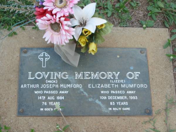 Arthur Joseph (Mick) MUMFORD,  | died 14 aug 1984 aged 76 years;  | Elizabeth (Lizzie) MUMFORD,  | died 10 Dec 1993 aged 83 years;  | Lawnton cemetery, Pine Rivers Shire  | 