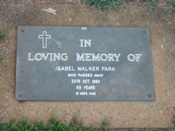 Isabel Walker PARK,  | died 20 Oct 1983 aged 65 years;  | Lawnton cemetery, Pine Rivers Shire  | 