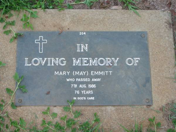 Mary (May) EMMITT,  | died 7 Aug 1986 aged 76 years;  | Lawnton cemetery, Pine Rivers Shire  | 