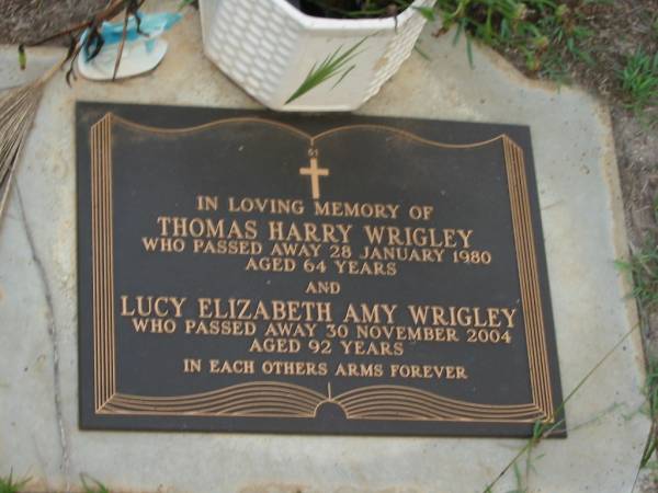 Thomas Harry WRIGLEY,  | died 28 Jan 1980 aged 64 years;  | Lucy Elizabeth Amy WRIGLEY,  | died 30 Nov 2004 aged 92 years;  | Lawnton cemetery, Pine Rivers Shire  | 
