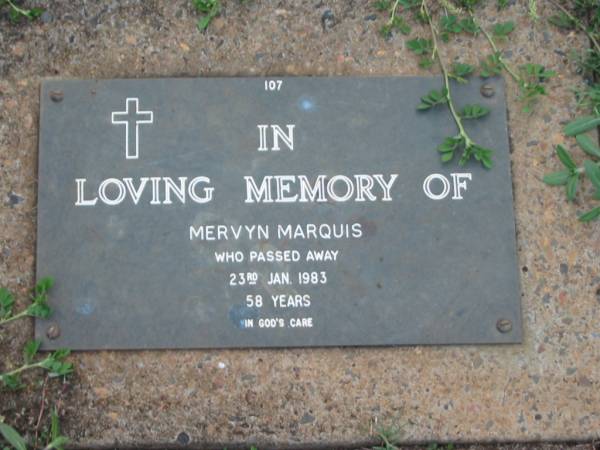 Mervyn MARQUIS,  | died 23 Jan 1983 aged 58 years;  | Lawnton cemetery, Pine Rivers Shire  | 