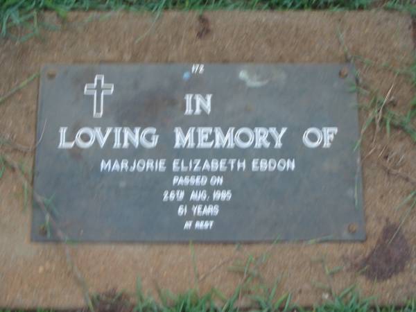 Marjorie Elizabeth EBDON,  | died 26 Aug 1985 aged 61 years;  | Lawnton cemetery, Pine Rivers Shire  | 