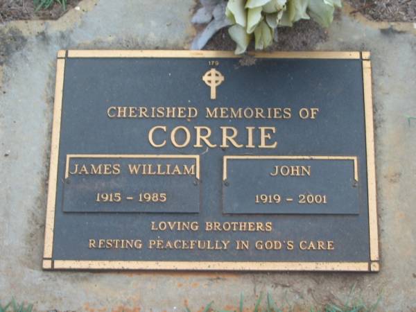 James William CORRIE,  | 1915 - 1985;  | John CORRIE,  | 1919 - 2001;  | brothers;  | Lawnton cemetery, Pine Rivers Shire  | 