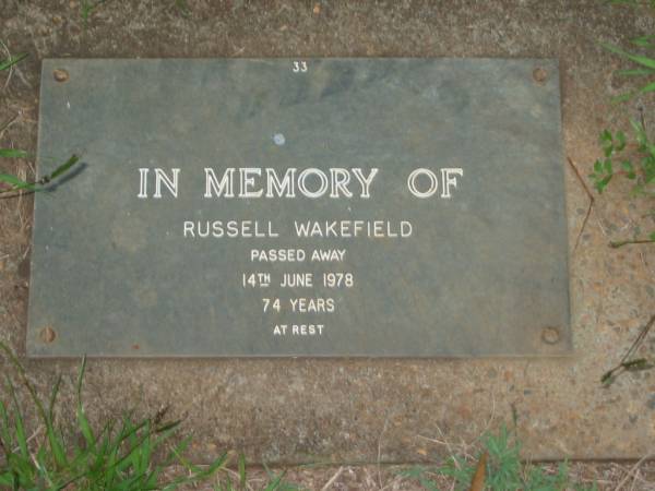 Russell WAKEFIELD,  | died 14 June 1978 aged 74 years;  | Lawnton cemetery, Pine Rivers Shire  | 