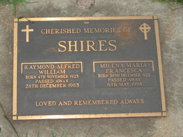 Raymond Alfred William SHIRES,  | born 4 Nov 1923,  | died 28 Dec 1983;  | Milena Maria Francesca SHIRES,  | born 28 Dec 1922,  | died 6 May 1998;  | Lawnton cemetery, Pine Rivers Shire  | 