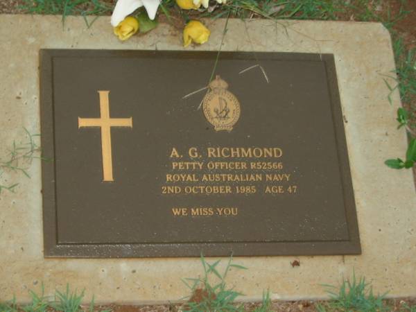 A.G. RICHMOND,  | died 2 Oct 1985 aged 47 years;  | Lawnton cemetery, Pine Rivers Shire  | 